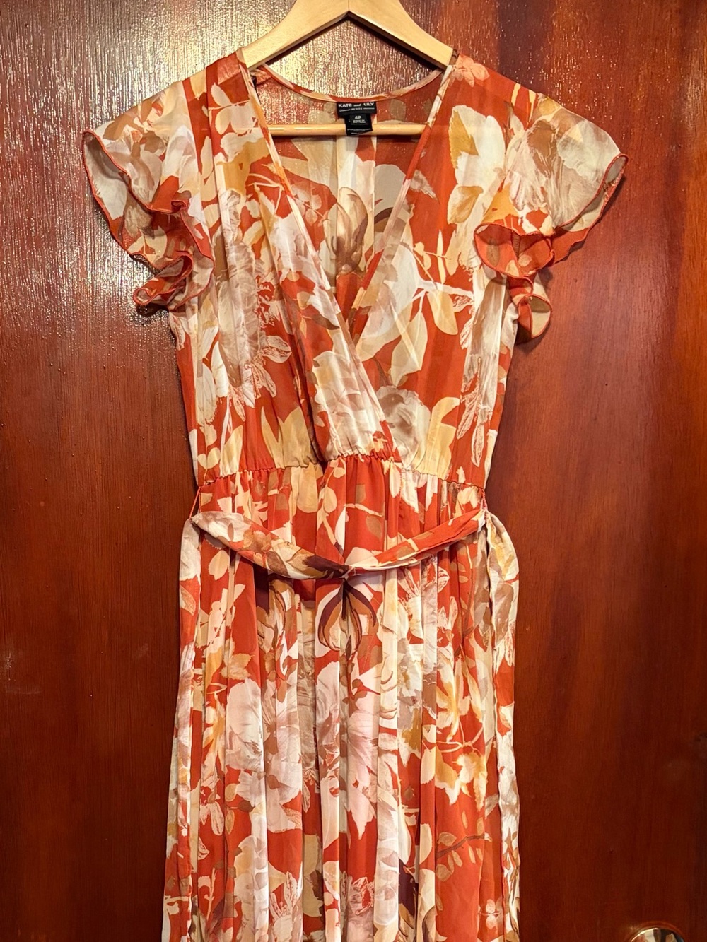 Kate & Lily Floral Orange Wrap Midi Dress with Tie Waist